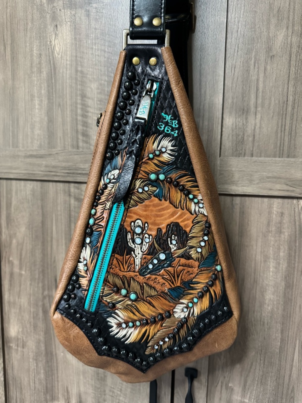 HB Fyra Leather Sling Bag with Feather & Cactus Design